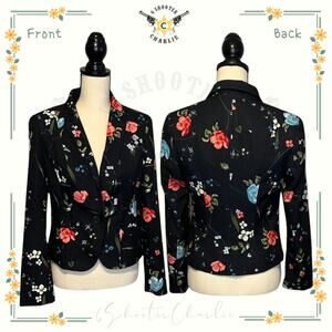 VTG 90s WORTHINGTON Black Floral Blazer Jacket Womens S Lined w/ Shoulder Pads